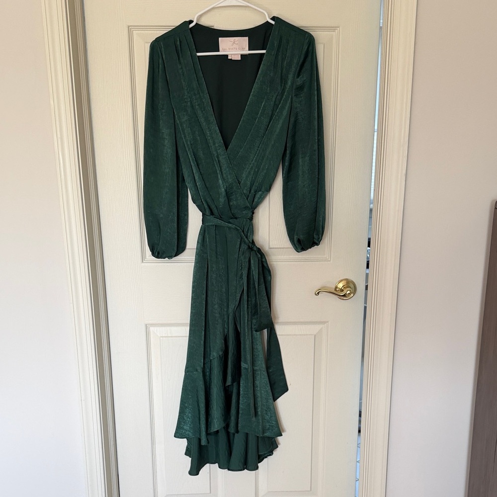 Gal Meets Glam Dark Emerald Wrap Dress with Ruffle High-Low Hem
